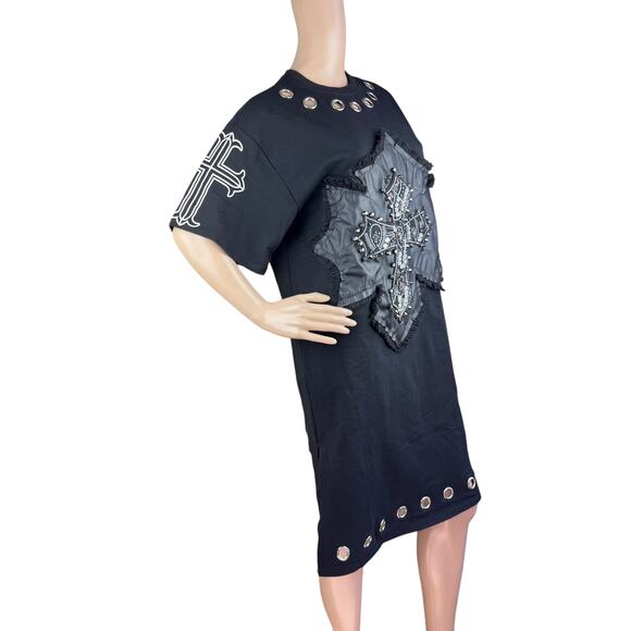 Black Short Sleeve Women Cross Studded Rhinestones Crew Neck Tee Dress OS - Picture 7 of 9